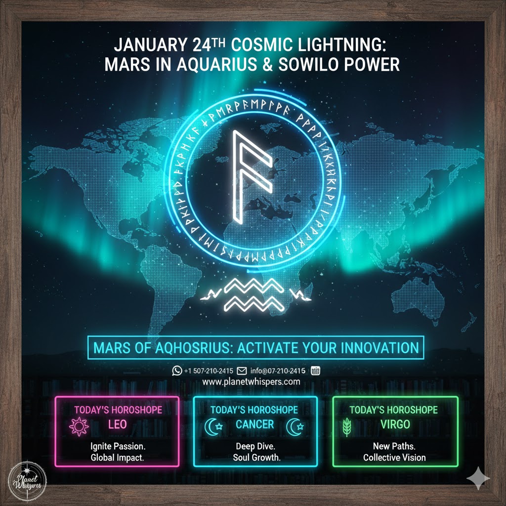 Global horoscope for Leo Cancer Virgo Jan 24 2026 with Sowilo rune and Mars in Aquarius symbol