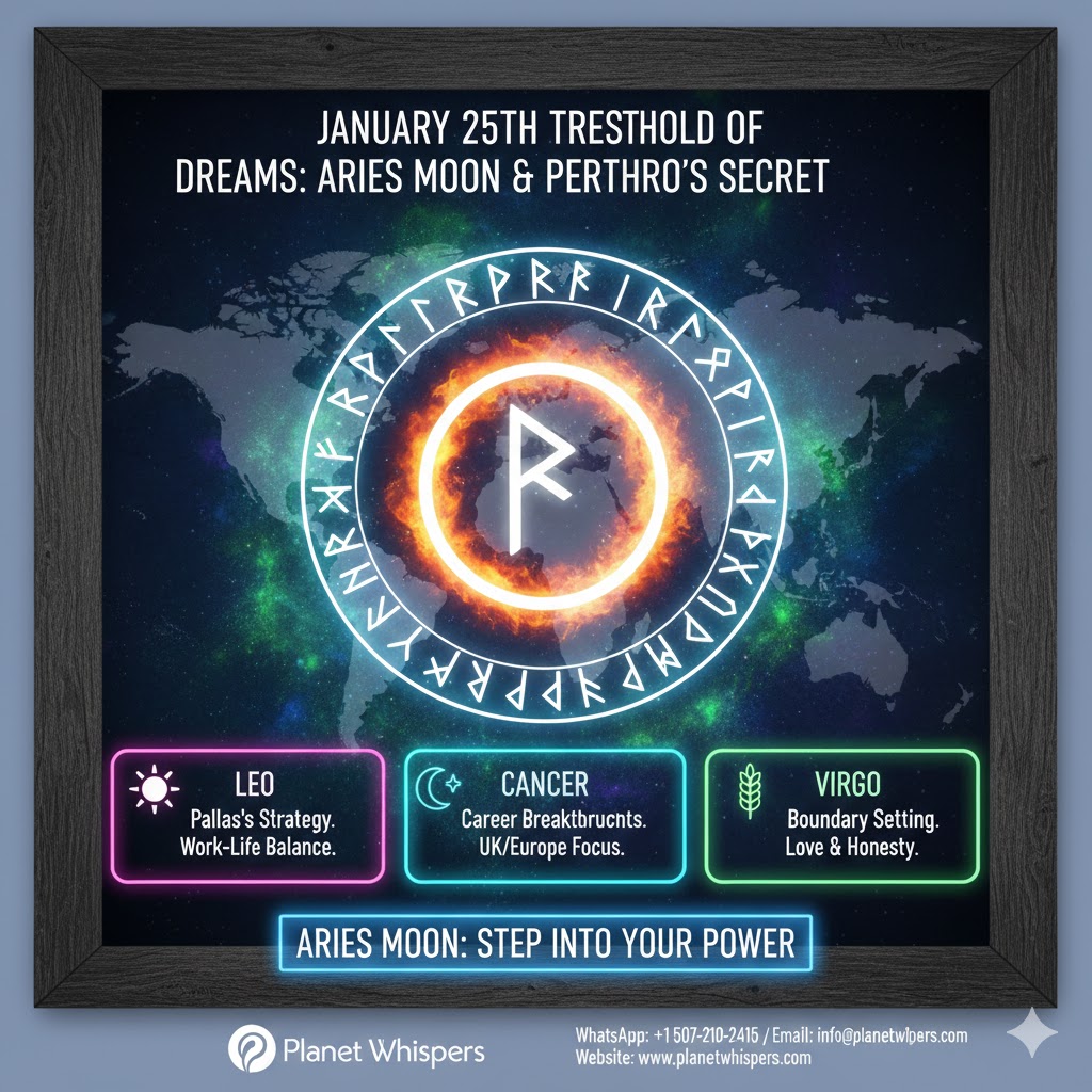Aries Moon threshold Jan 25 2026 with Perthro rune and cosmic gateway