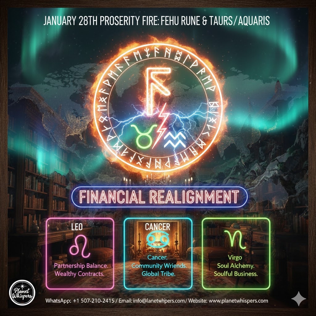 Fehu rune for wealth and prosperity Jan 28 2026 with Taurus and Aquarius symbols