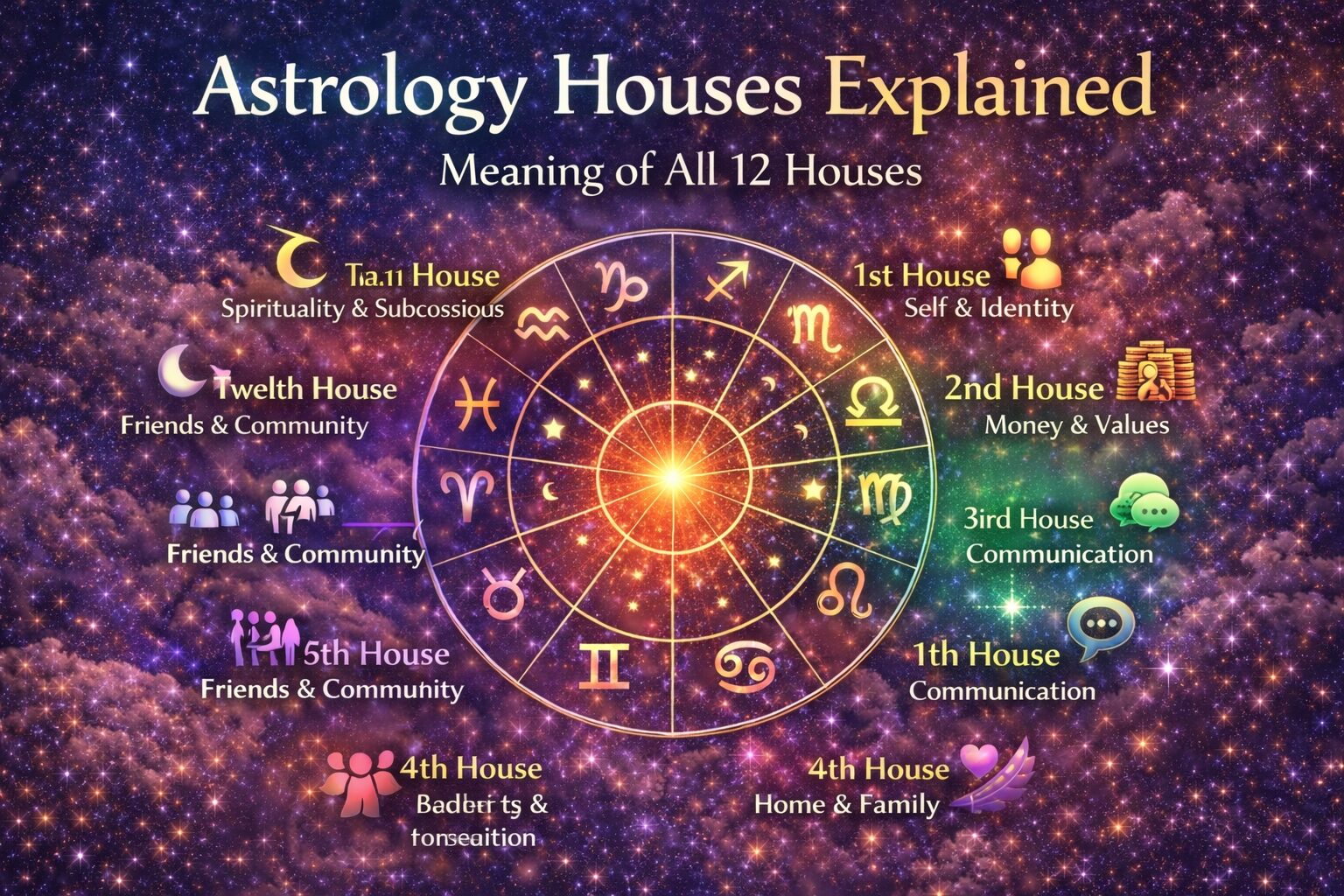 astrology houses explained showing 12 birth chart houses and meanings