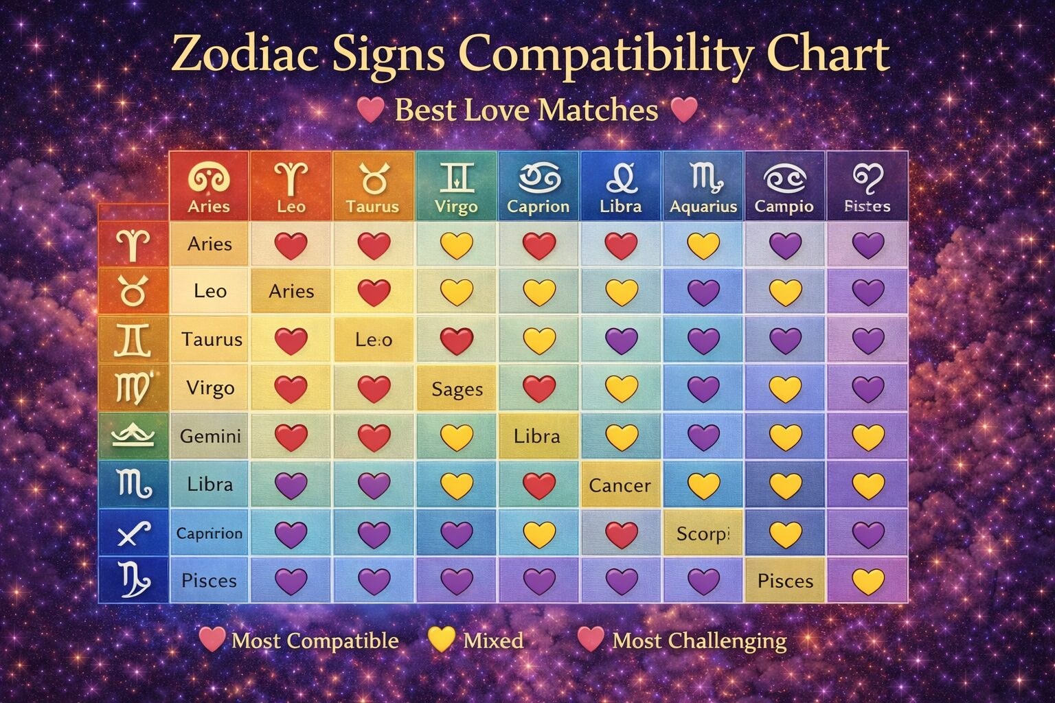 zodiac signs compatibility chart showing best love matches between all 12 signs