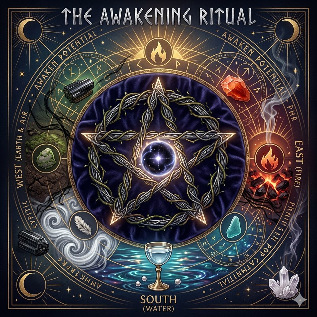 Awakening Ritual of 4 Elements – Fire, Water, Air & Earth Energy Balance Mystical 4 elements ritual with fire, water, air, and earth symbols representing spiritual awakening, balance, and inner transformation energy.