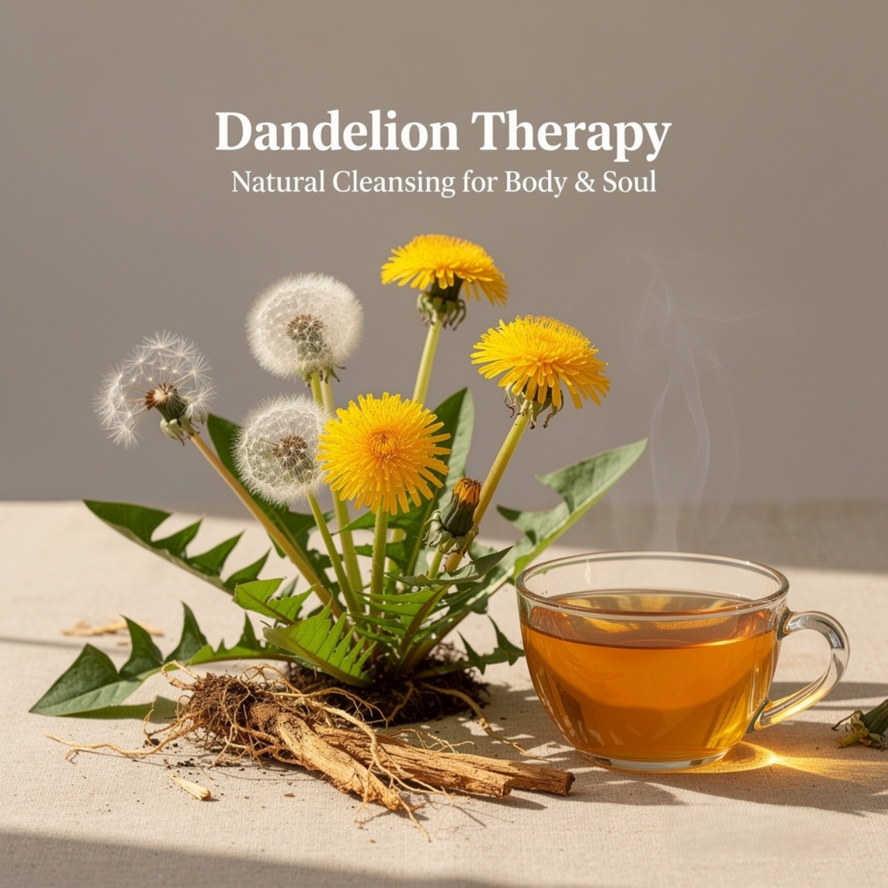 Dandelion therapy natural cleansing with golden flowers and herbal detox tea for holistic wellness