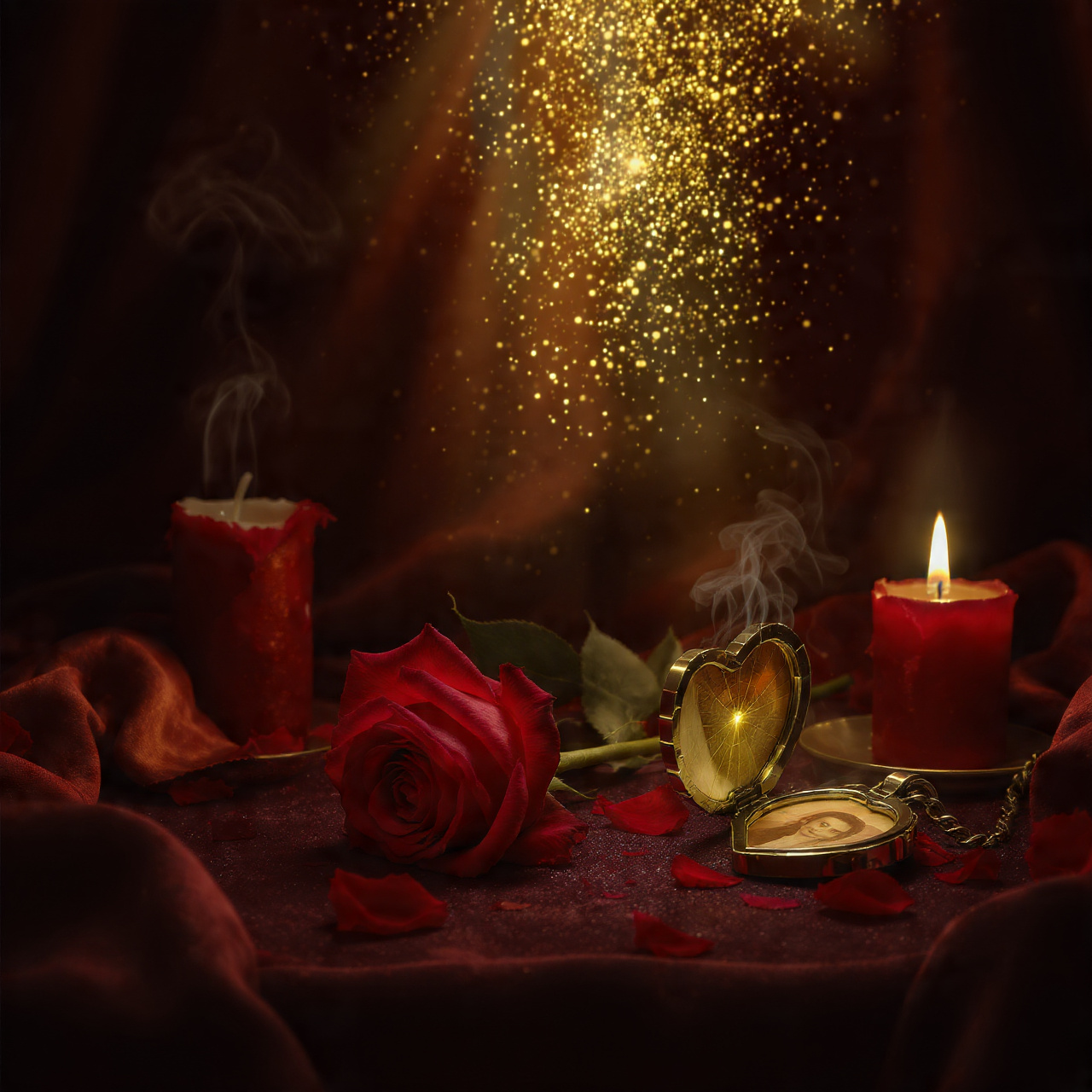 Dark mystical midnight ritual with glowing candles, ancient symbols, moonlight, and cosmic energy surrounding two separated lovers reconnecting through spiritual guidance and emotional healing. Midnight Ritual | Love Reconnection & Relationship Healing by Planet Whispers