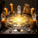 Mystical money spell ritual candles and symbols attracting wealth, prosperity, financial abundance, and positive energy flow for success.