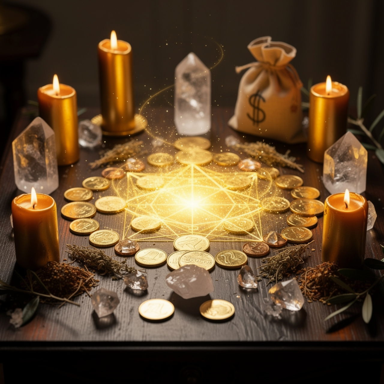 Money Spells for Wealth Attraction & Abundance Energy Mystical money spell ritual candles and symbols attracting wealth, prosperity, financial abundance, and positive energy flow for success.