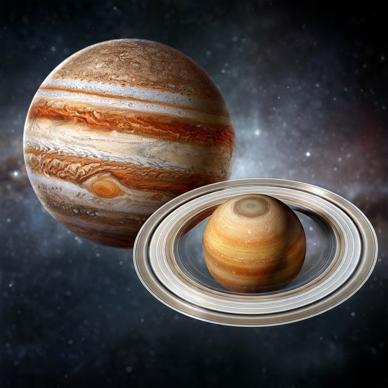 Jupiter vs Saturn comparison showing Saturn rings