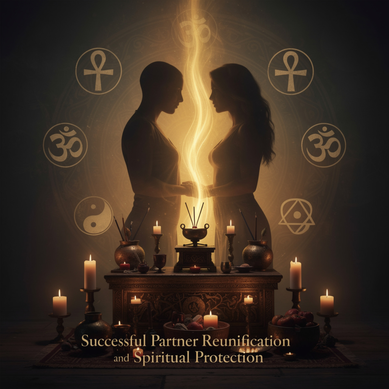 Partner Reunification Ritual – Love Healing & Spiritual Protection Spiritual love ritual candles and energy symbols representing partner reunification, emotional healing, protection, and relationship harmony.