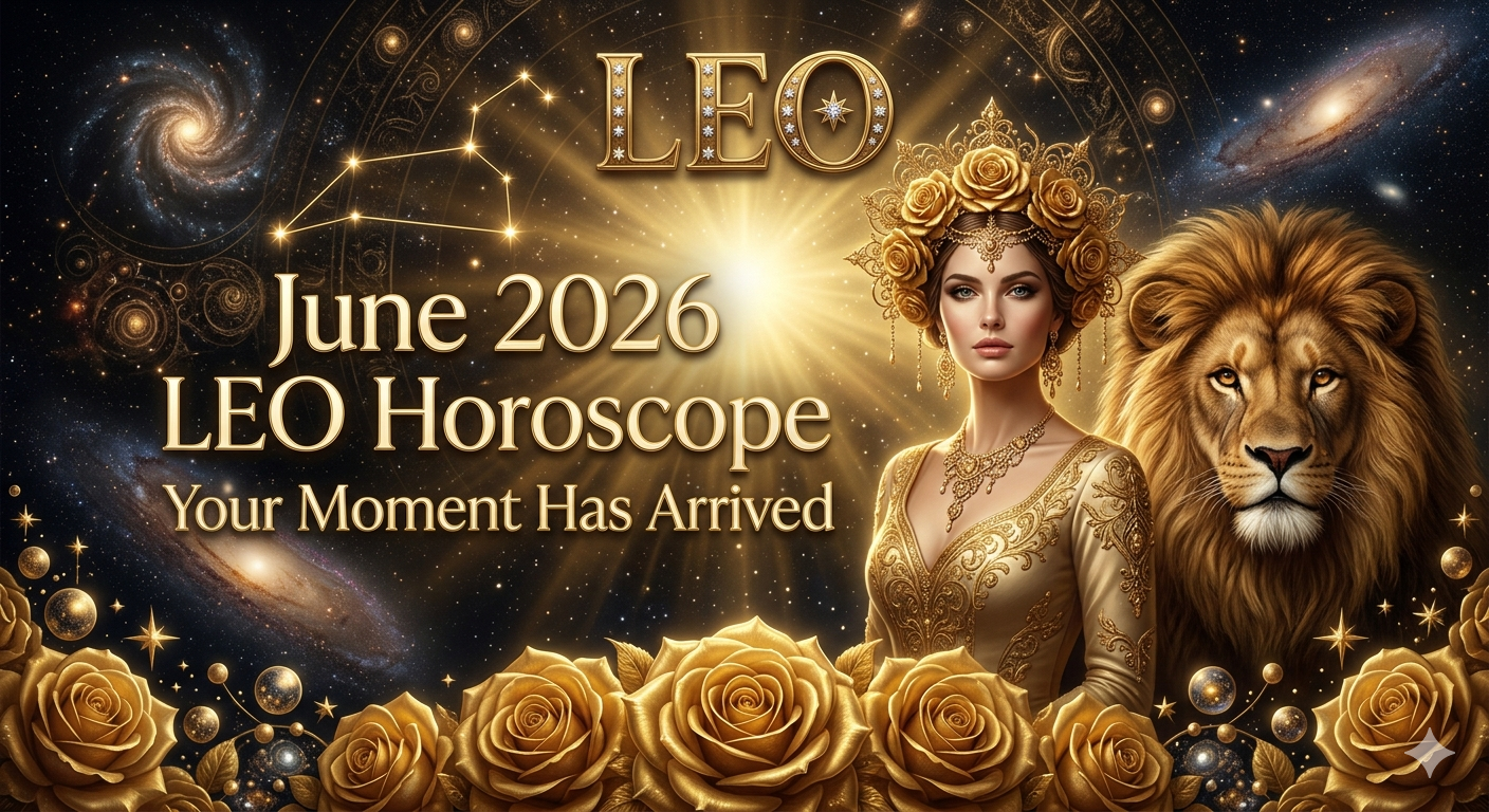 Juni 2026 Löwe Horoskop mit goldenem Löwen, kosmischem Hintergrund und kraftvoller Löwe-Energie