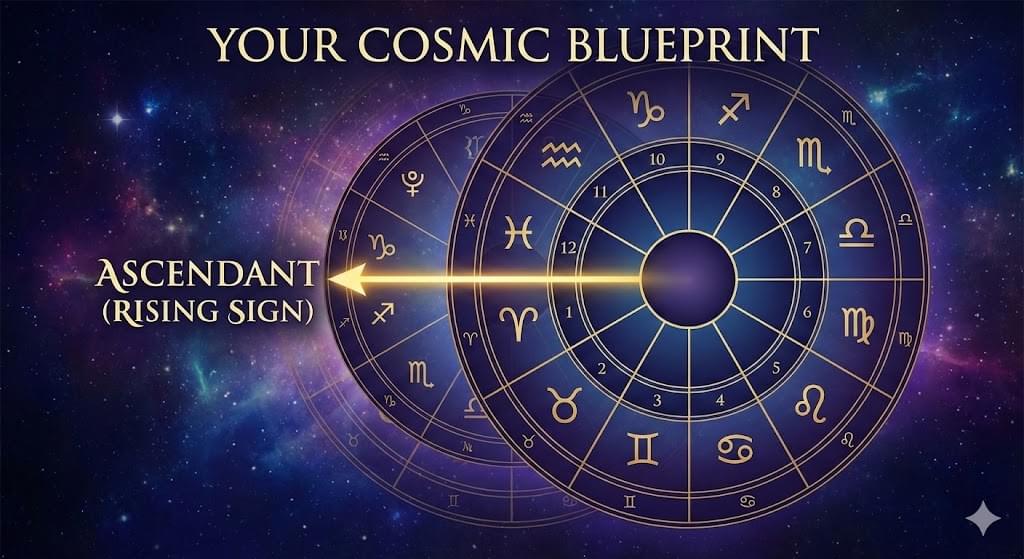 An astrology chart wheel illustrating the position of the Rising Zodiac Sign on the eastern horizon.